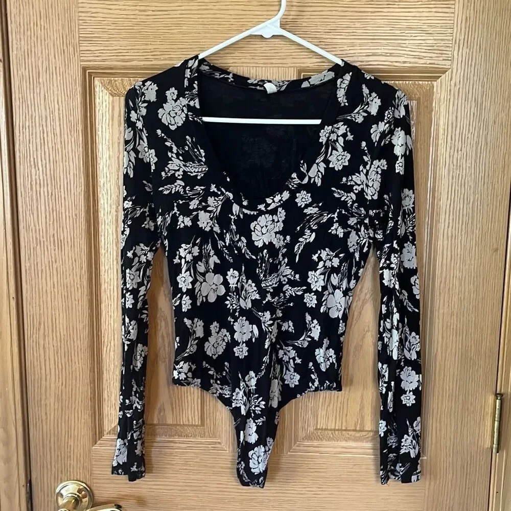 Free People Black and White Floral Long Sleeve Bodysuit